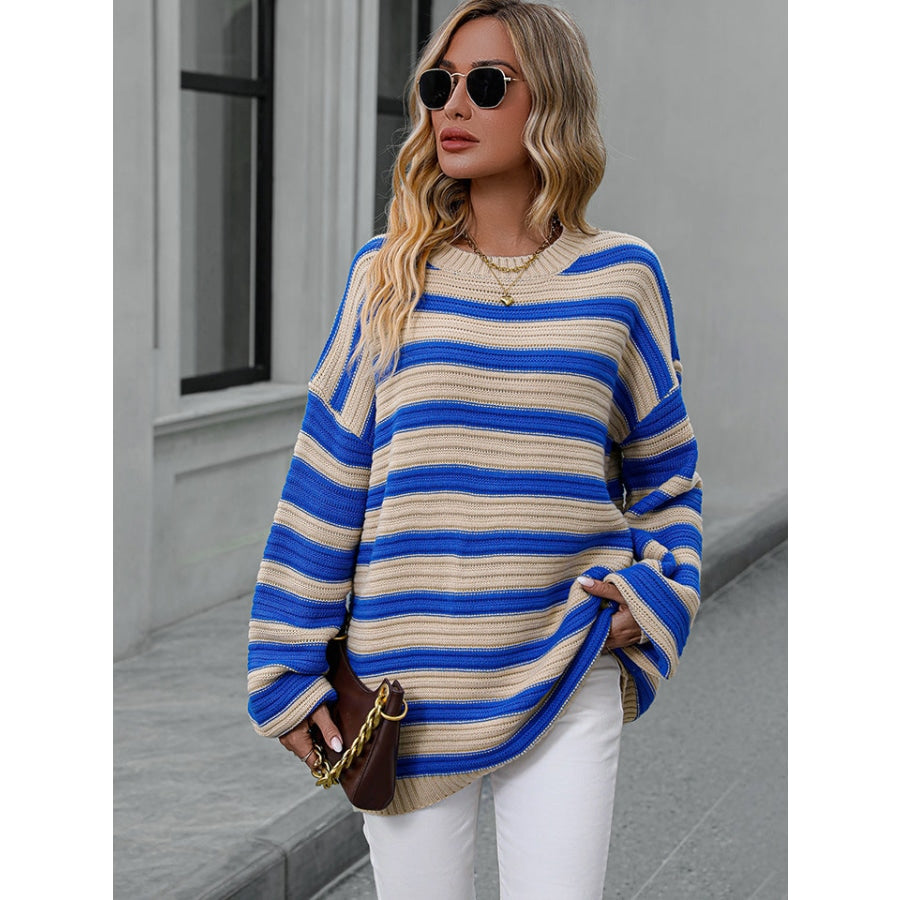 Striped Dropped Shoulder Sweater Sky Blue / S