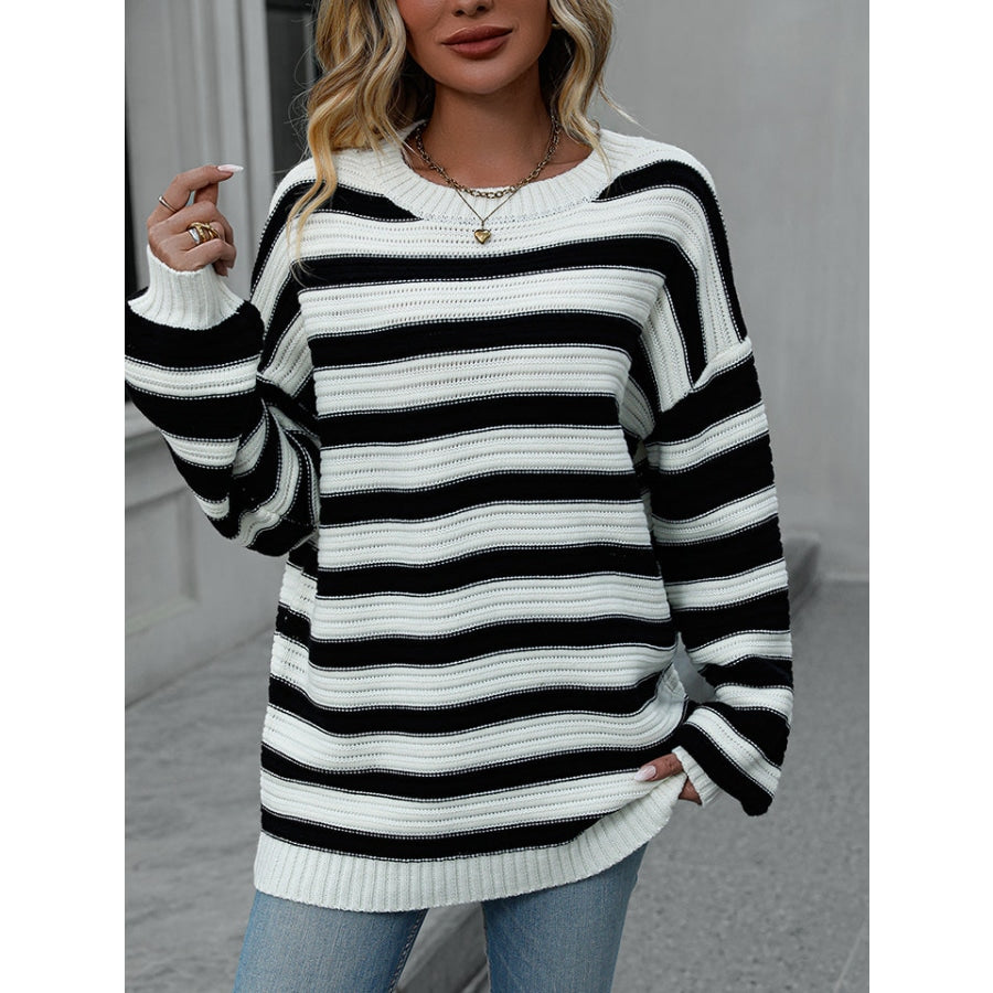 Striped Dropped Shoulder Sweater White / S