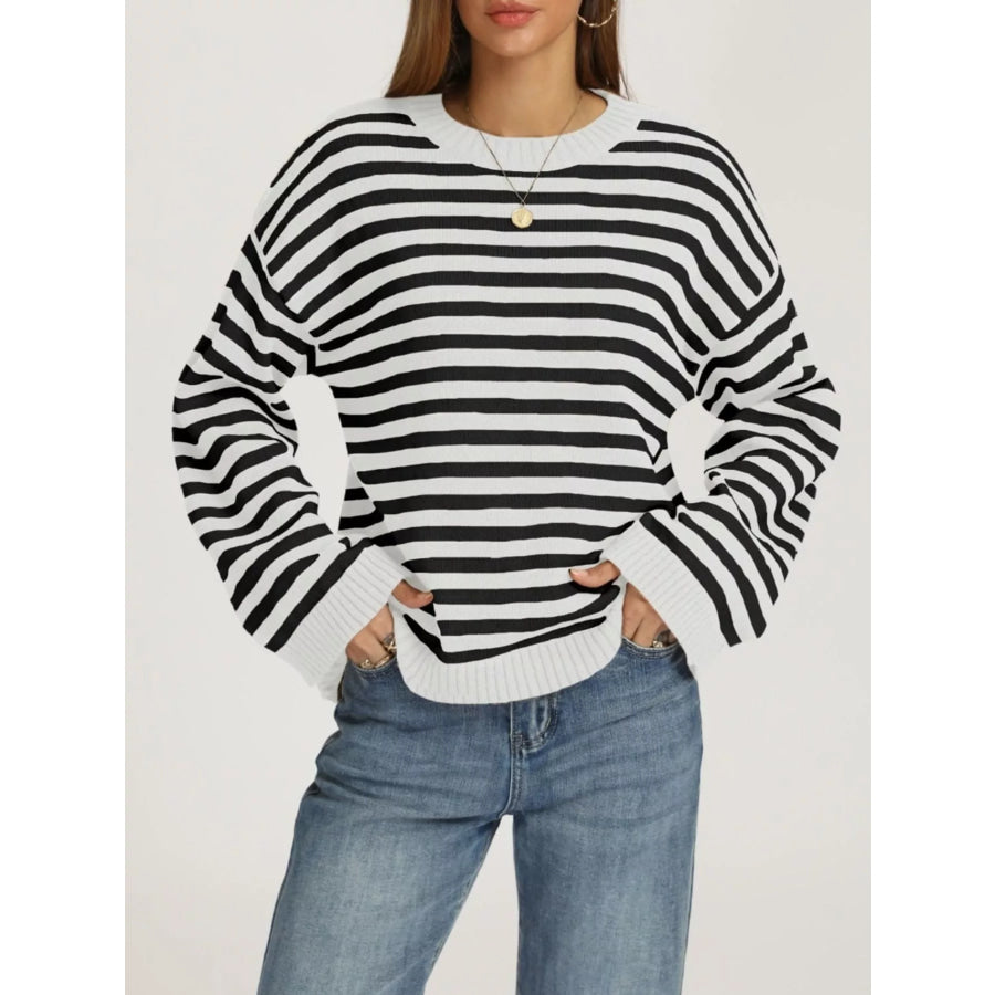 Striped Dropped Shoulder Sweater White With Black / S Apparel and Accessories