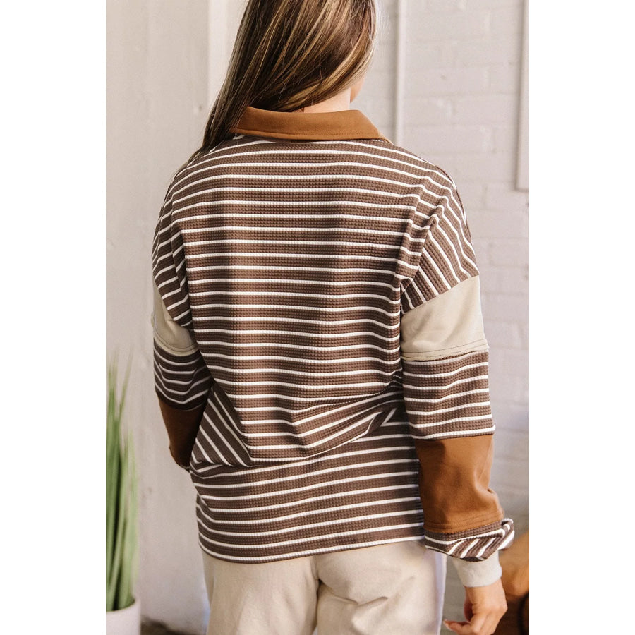 Striped Dropped Shoulder Sweatshirt Coffee Brown / S Apparel and Accessories