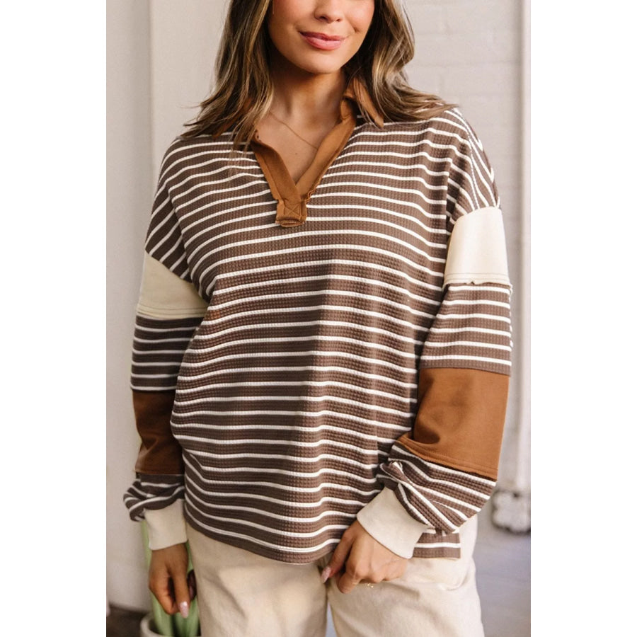 Striped Dropped Shoulder Sweatshirt Coffee Brown / S Apparel and Accessories