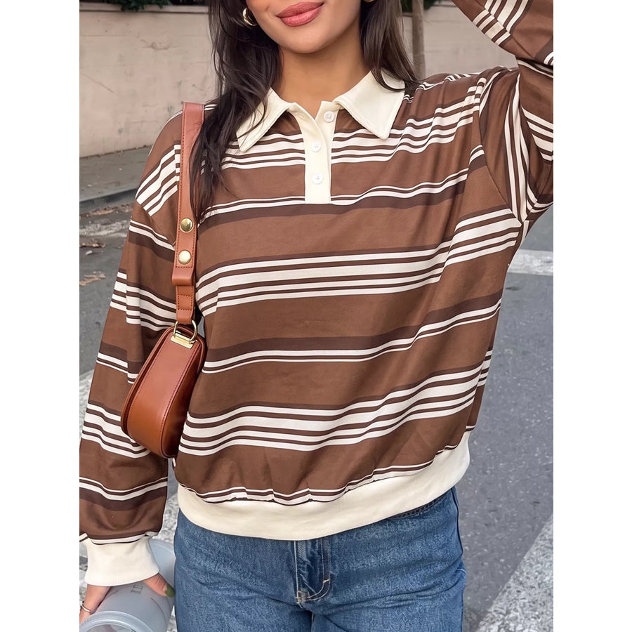 Striped Dropped Shoulder Sweatshirt Coffee Brown / S Apparel and Accessories
