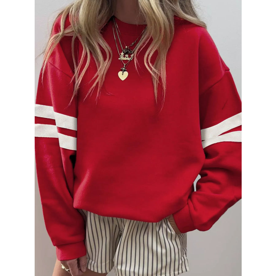 Striped Dropped Shoulder Sweatshirt Scarlet / S Apparel and Accessories