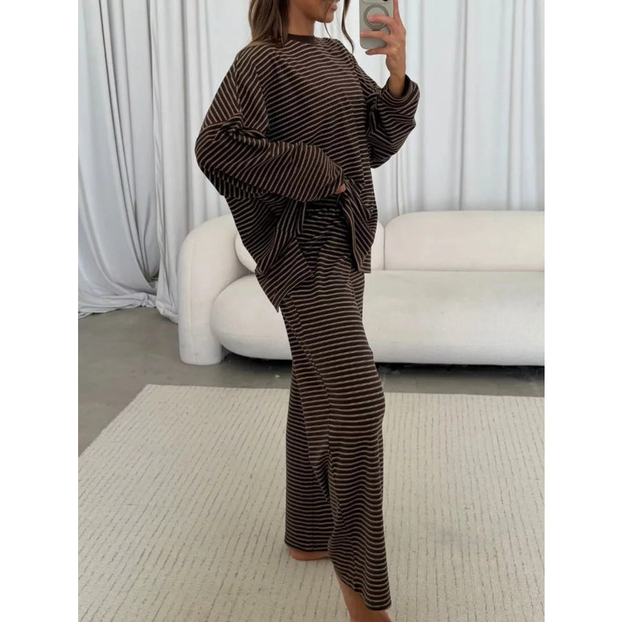 Striped Dropped Shoulder Top and Pants Lounge Set Apparel Accessories