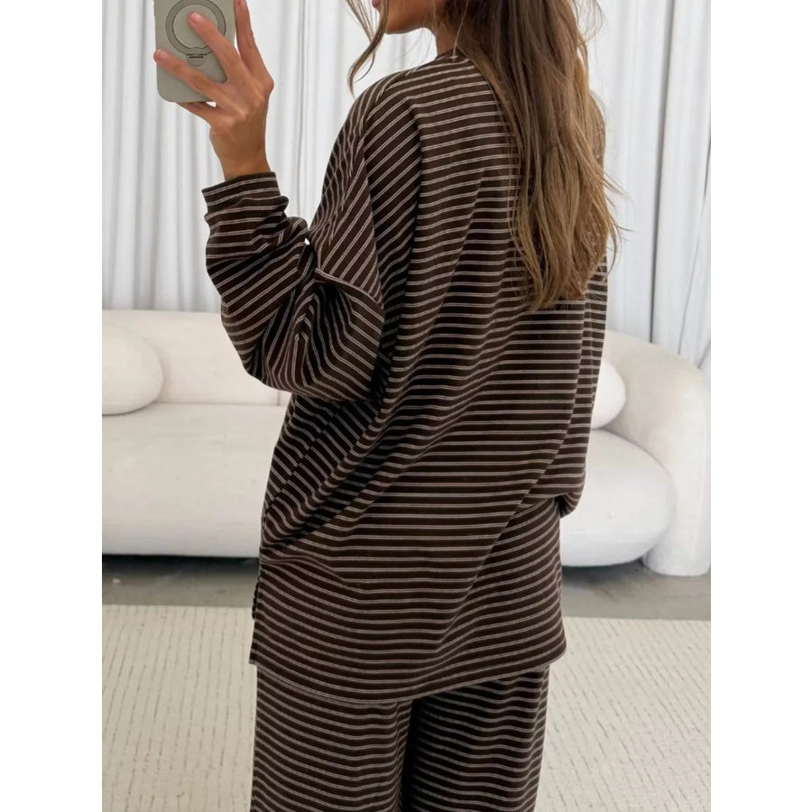 Striped Dropped Shoulder Top and Pants Lounge Set Apparel Accessories