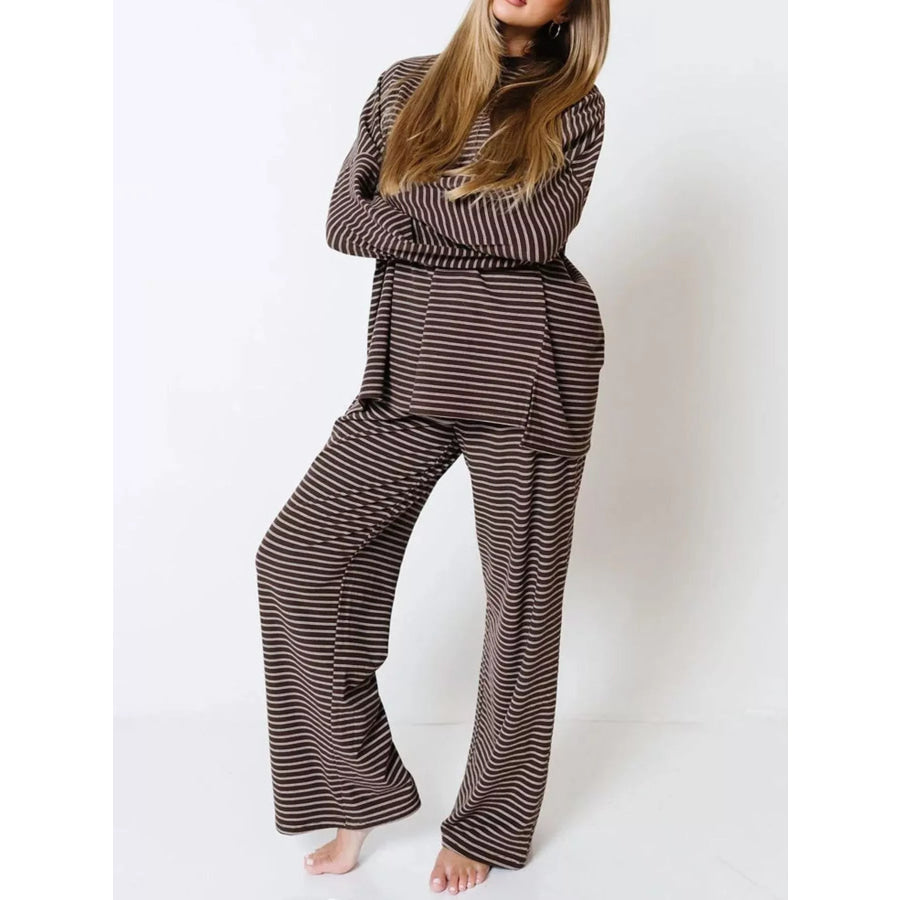 Striped Dropped Shoulder Top and Pants Lounge Set Apparel Accessories