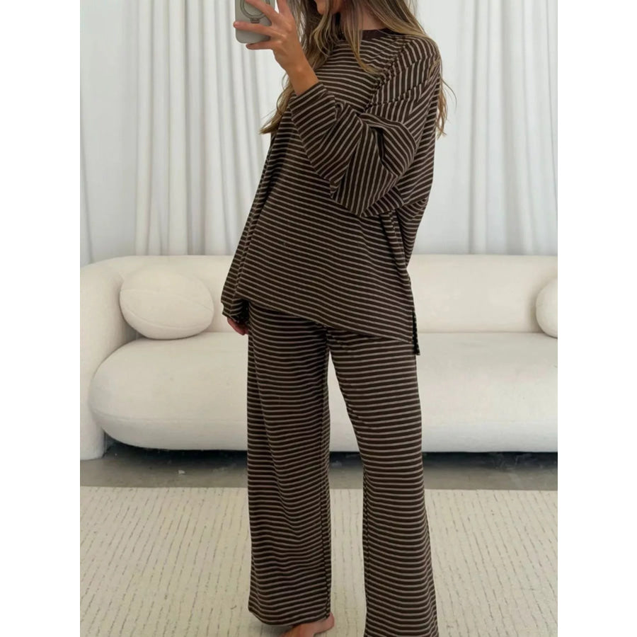 Striped Dropped Shoulder Top and Pants Lounge Set Apparel Accessories