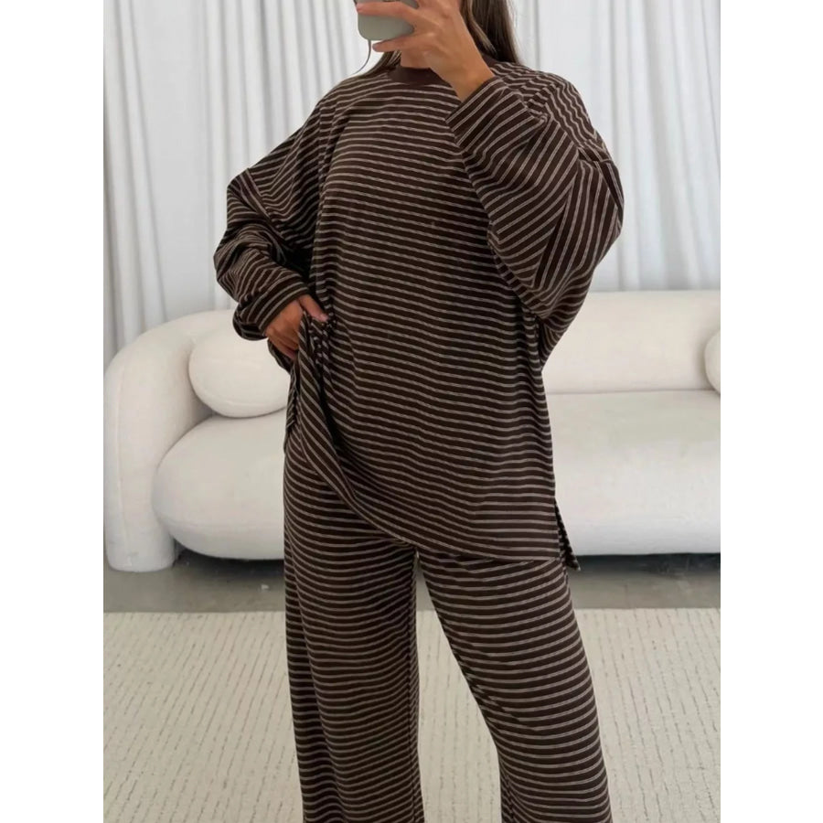 Striped Dropped Shoulder Top and Pants Lounge Set Apparel Accessories