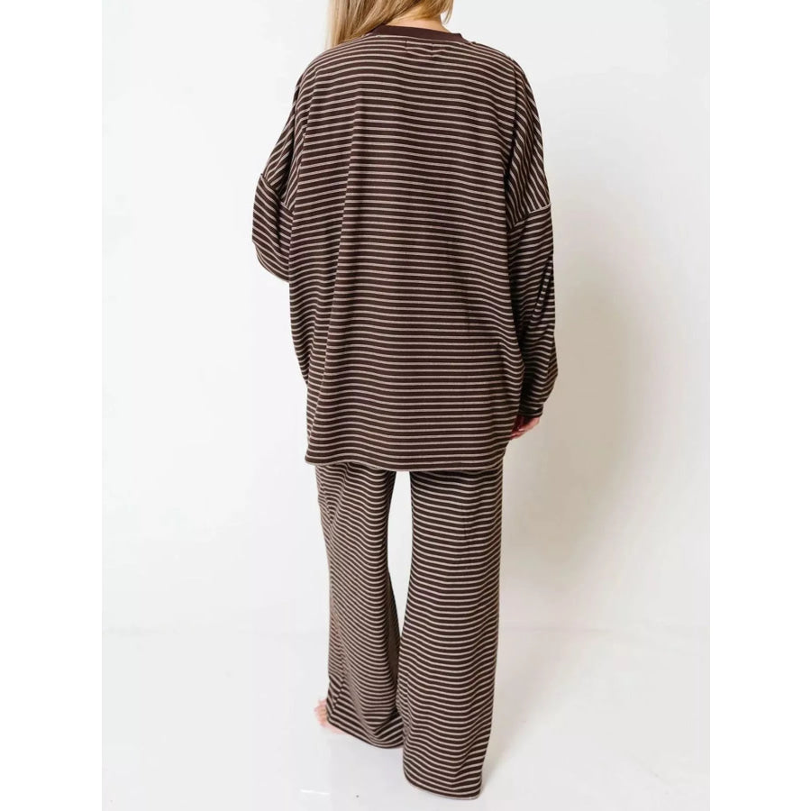 Striped Dropped Shoulder Top and Pants Lounge Set Apparel Accessories