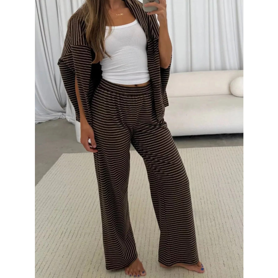 Striped Dropped Shoulder Top and Pants Lounge Set Apparel Accessories