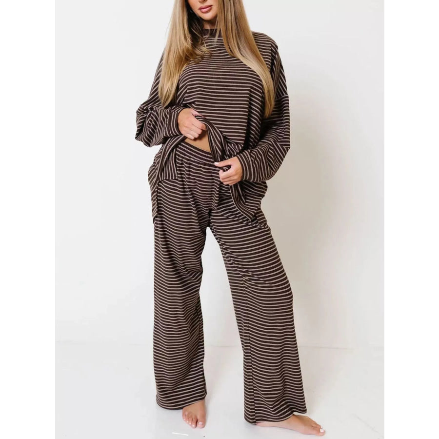 Striped Dropped Shoulder Top and Pants Lounge Set Apparel Accessories