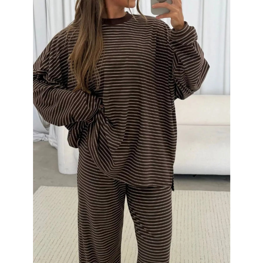 Striped Dropped Shoulder Top and Pants Lounge Set Apparel Accessories