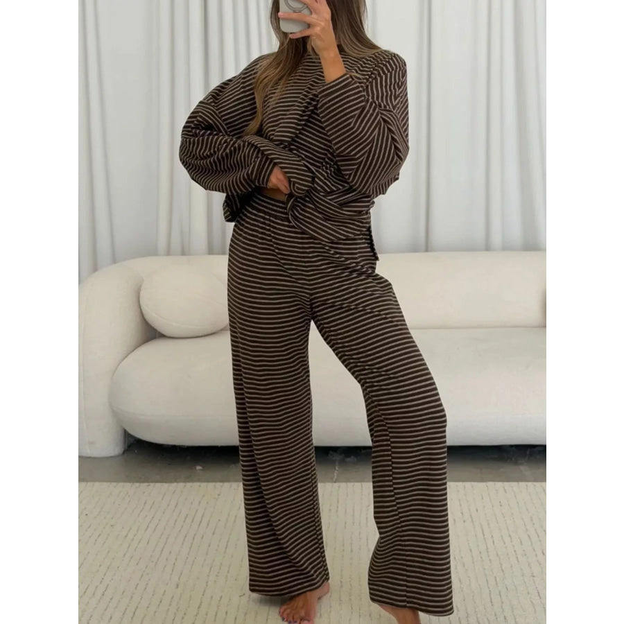 Striped Dropped Shoulder Top and Pants Lounge Set Coffee Brown / S Apparel Accessories
