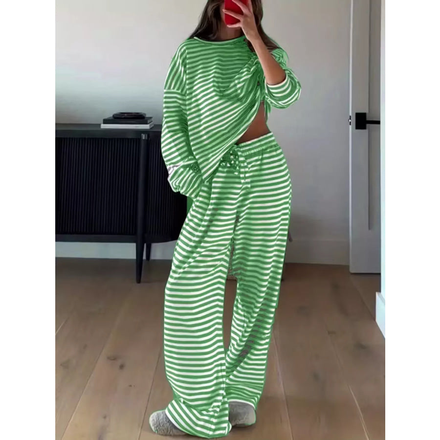 Striped Dropped Shoulder Top and Pants Set Green / S Apparel and Accessories