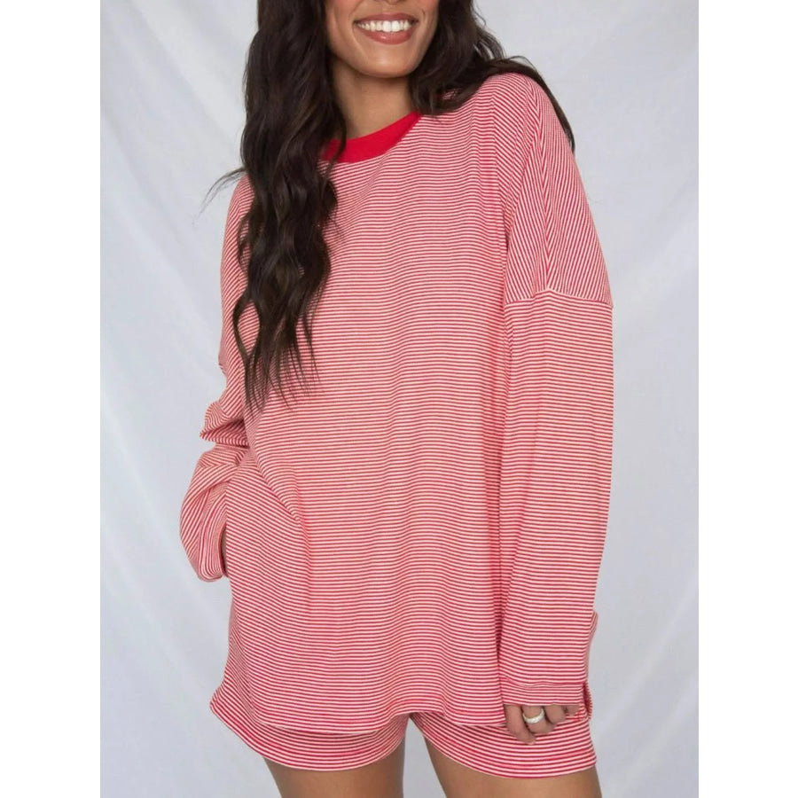 Striped Dropped Shoulder Top and Shorts Set Red / S Apparel and Accessories