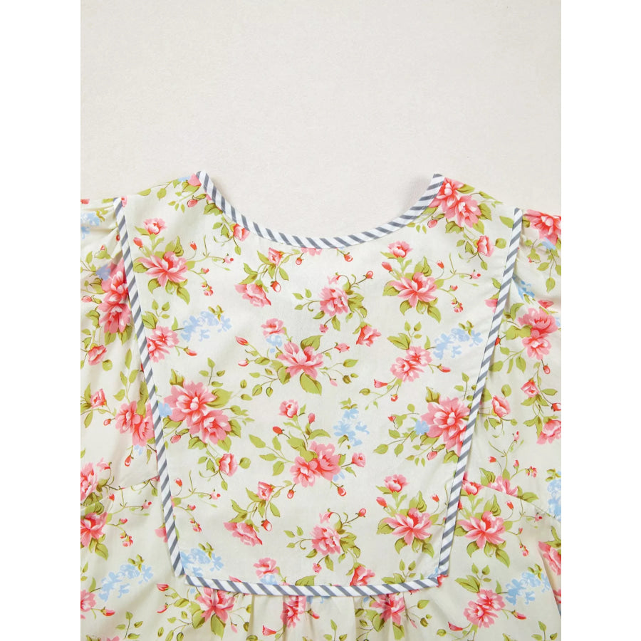 Striped Edge 3/4 Puff Sleeve Floral Dress Apparel and Accessories