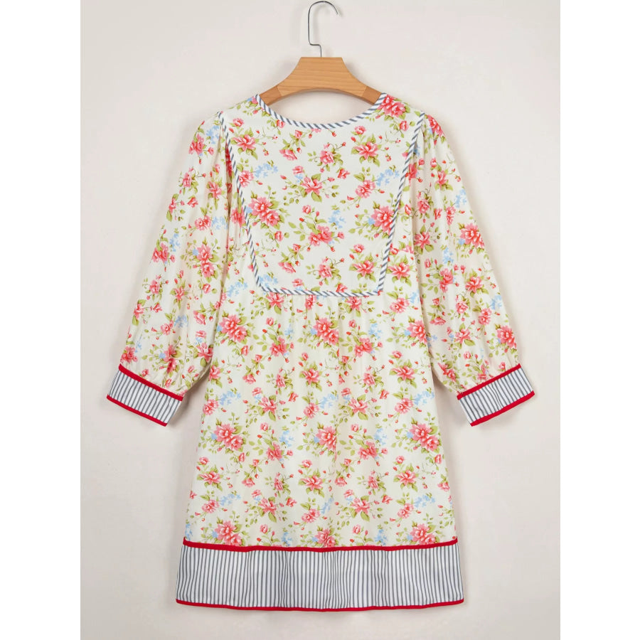 Striped Edge 3/4 Puff Sleeve Floral Dress Apparel and Accessories