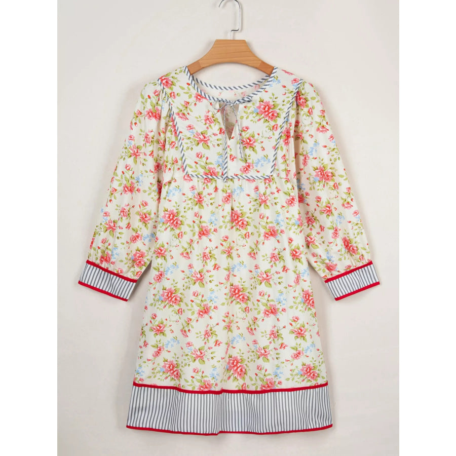 Striped Edge 3/4 Puff Sleeve Floral Dress Apparel and Accessories