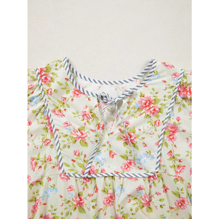 Striped Edge 3/4 Puff Sleeve Floral Dress Apparel and Accessories