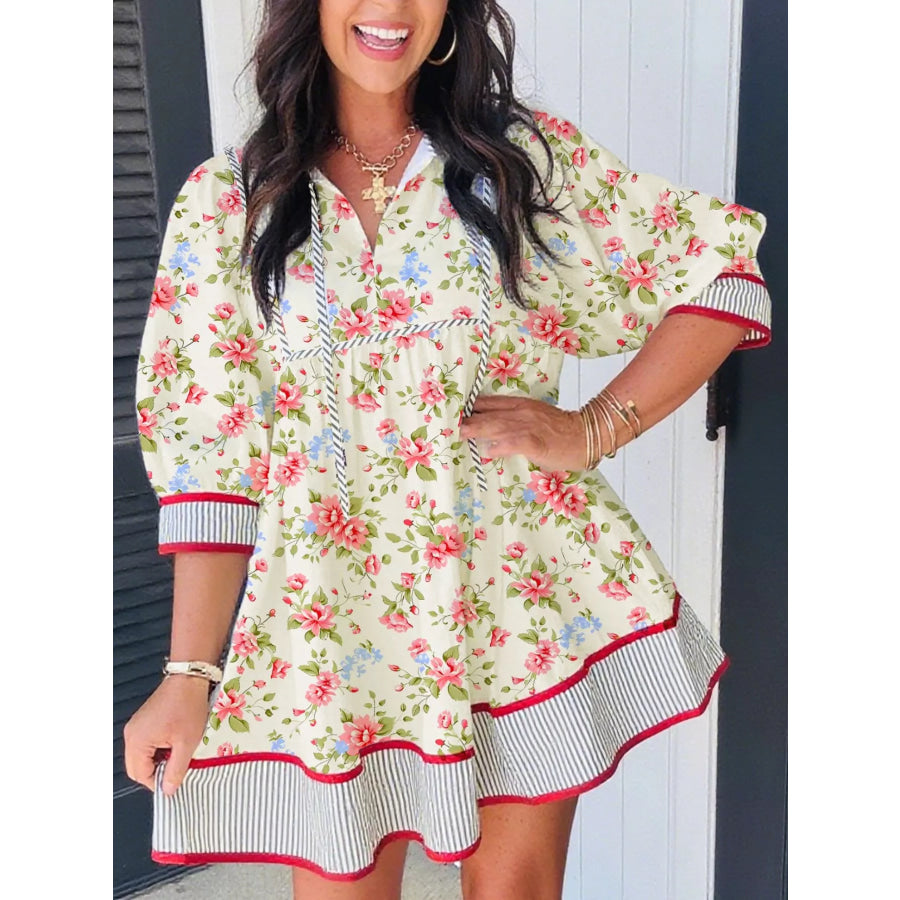 Striped Edge 3/4 Puff Sleeve Floral Dress Apparel and Accessories