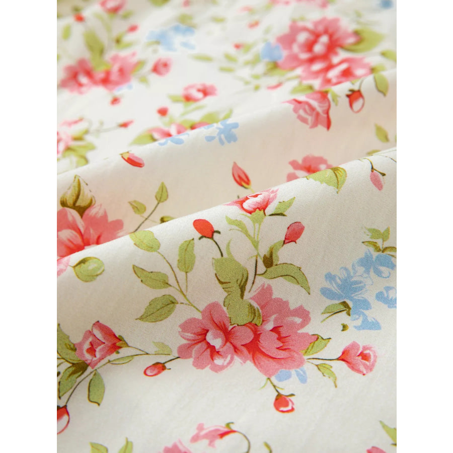 Striped Edge 3/4 Puff Sleeve Floral Dress Apparel and Accessories
