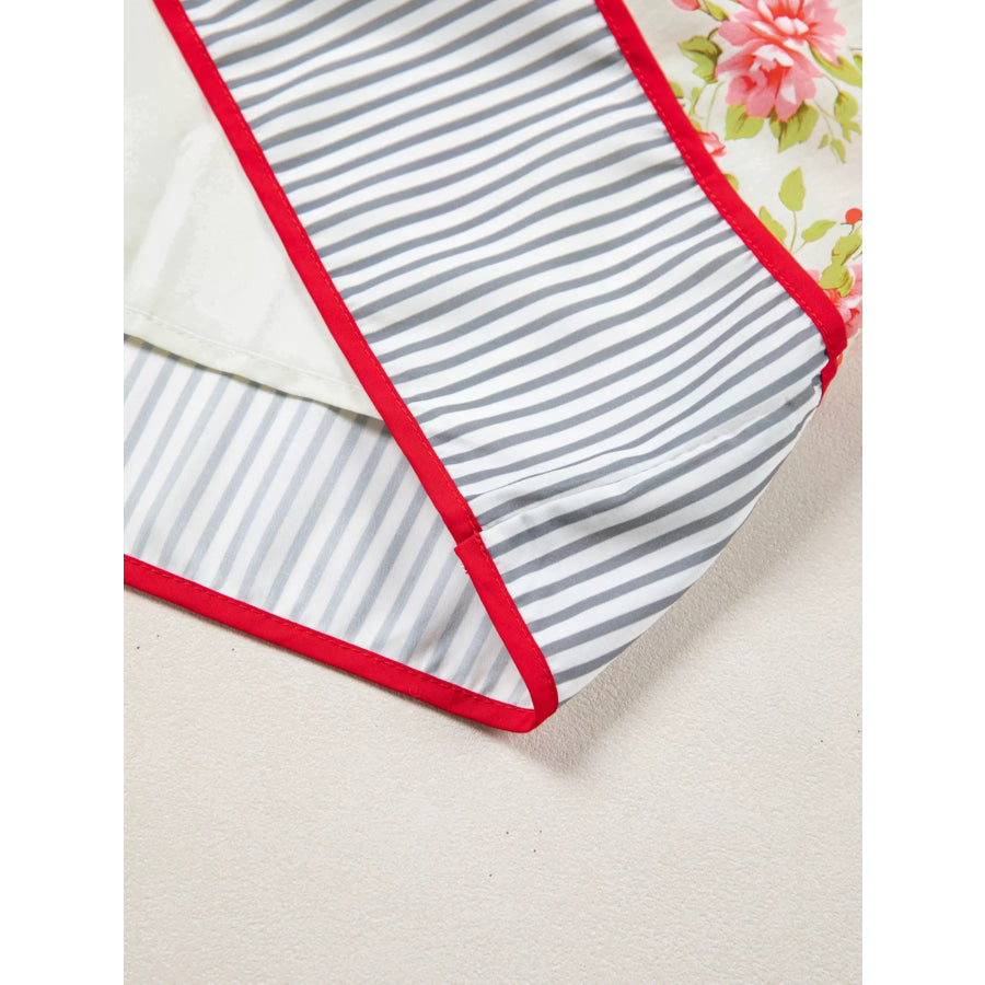 Striped Edge 3/4 Puff Sleeve Floral Dress Apparel and Accessories