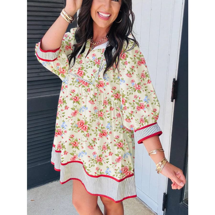 Striped Edge 3/4 Puff Sleeve Floral Dress Apparel and Accessories