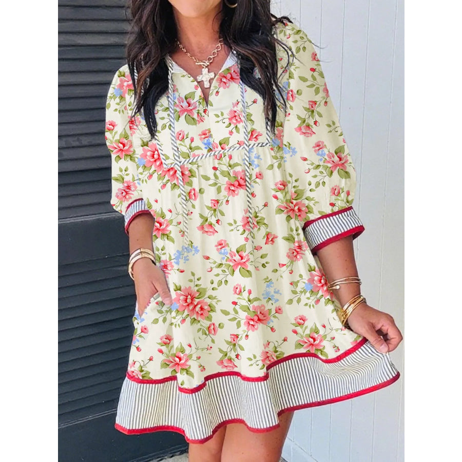 Striped Edge 3/4 Puff Sleeve Floral Dress Beige / S Apparel and Accessories