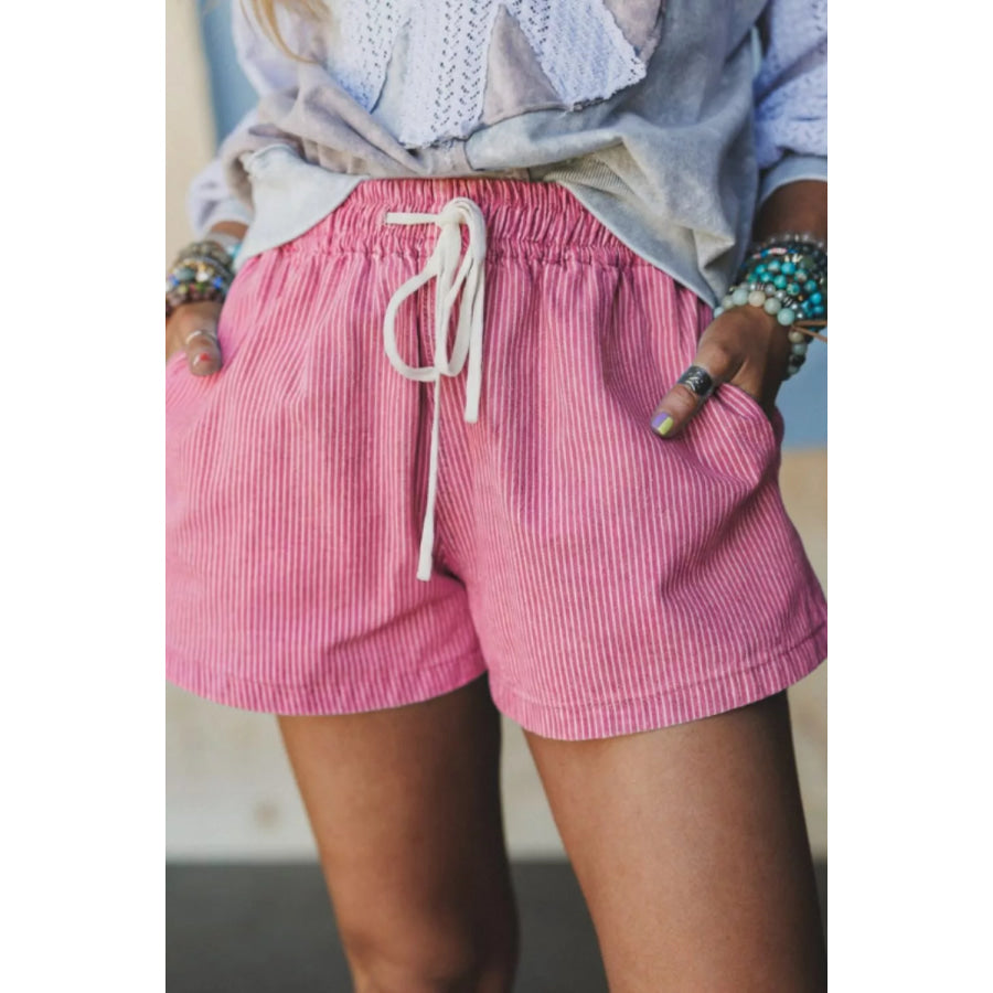 Striped Elastic Waist Casual Shorts Pink / S Apparel and Accessories