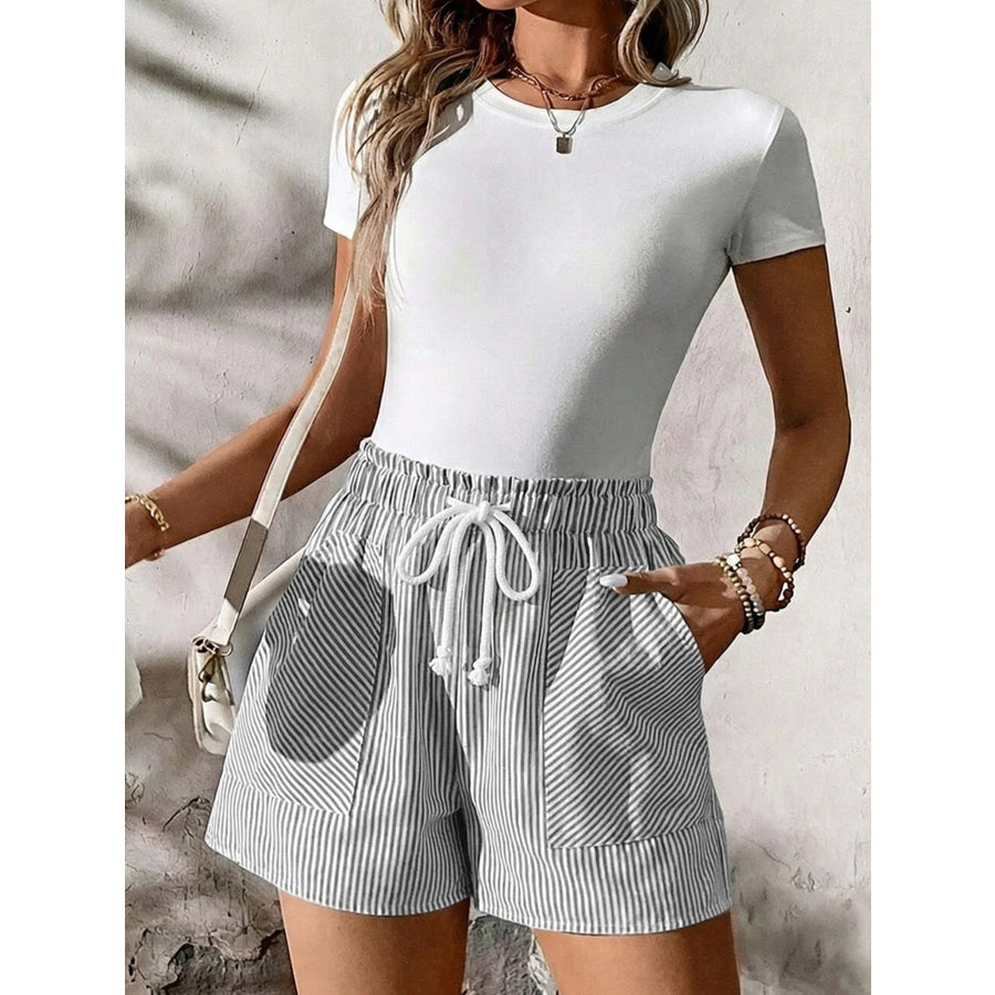 Striped Elastic Waist Drawstring Shorts Gray / S Apparel and Accessories
