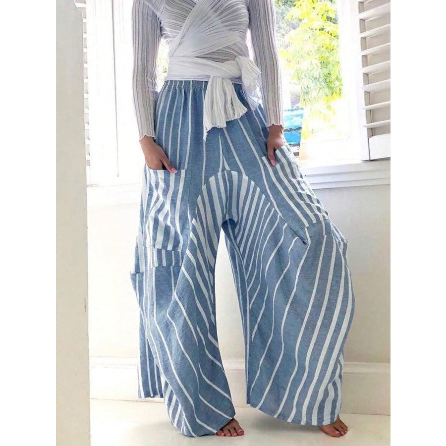 Striped Elastic Waist Wide Leg Pants Light Blue / S Apparel and Accessories