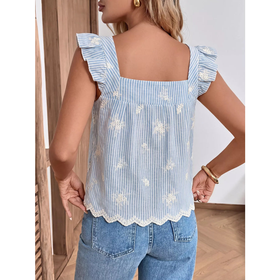 Striped Embroidered Ruffle Sleeve Blouse Apparel and Accessories
