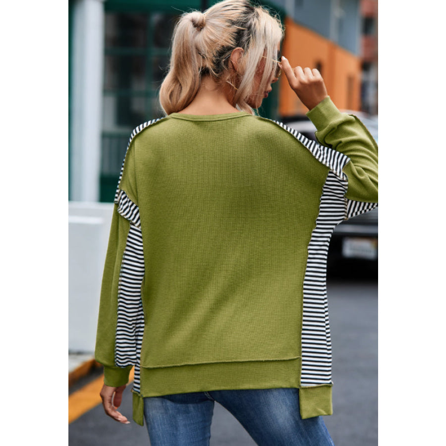 Striped Exposed Seam Half Button Sweatshirt Apparel and Accessories