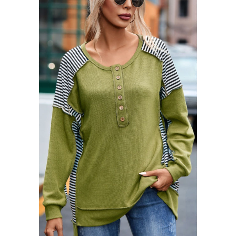 Striped Exposed Seam Half Button Sweatshirt Apparel and Accessories