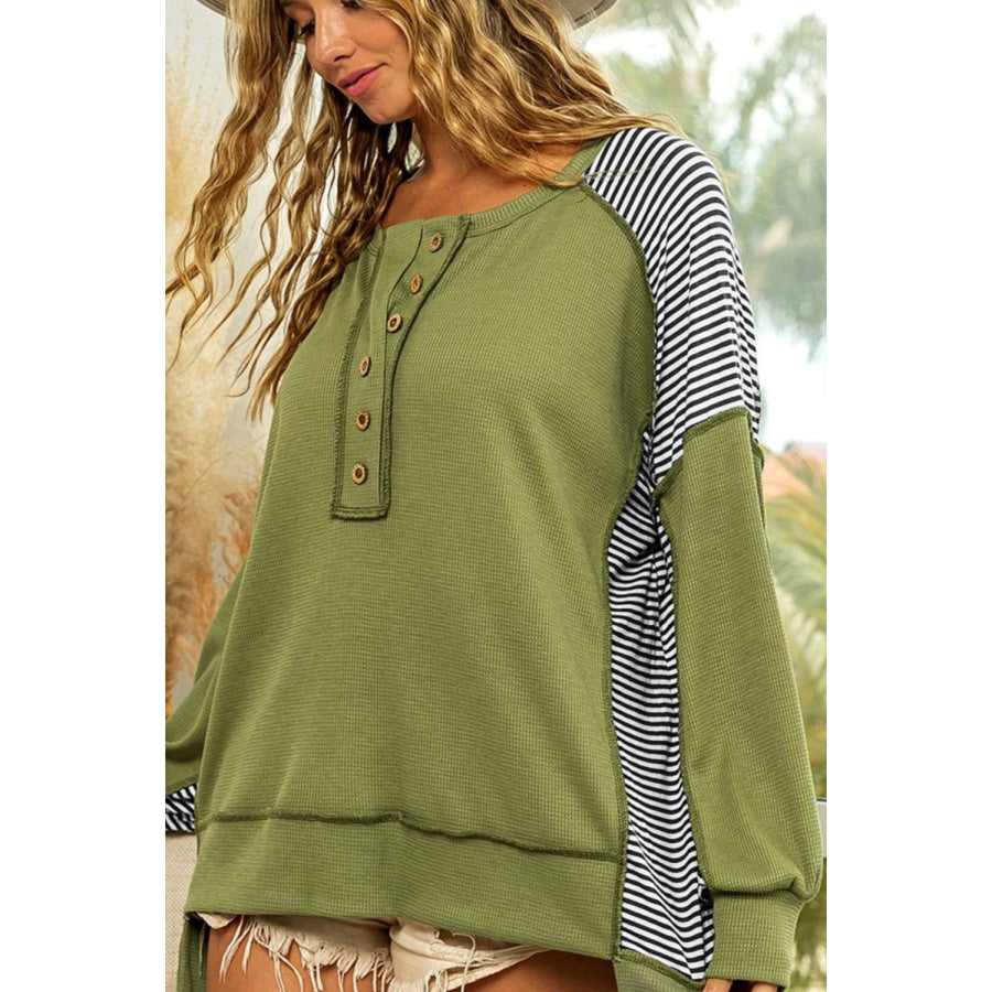 Striped Exposed Seam Half Button Sweatshirt Apparel and Accessories