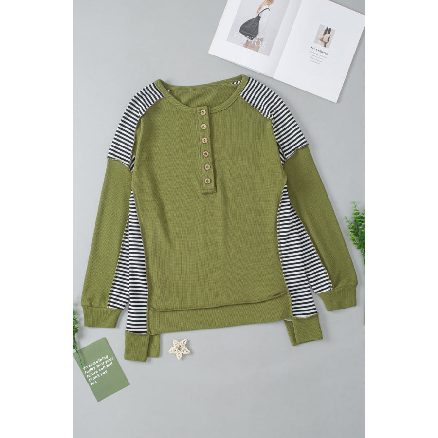 Striped Exposed Seam Half Button Sweatshirt Apparel and Accessories