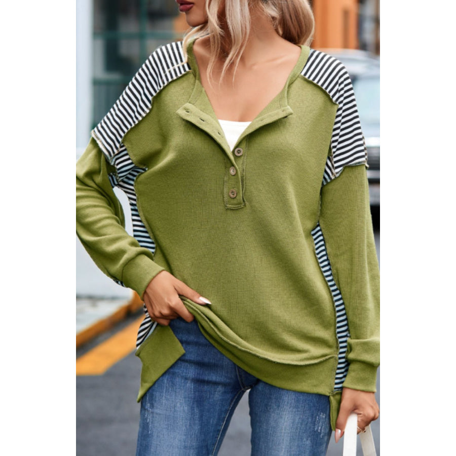 Striped Exposed Seam Half Button Sweatshirt Moss / S Apparel and Accessories