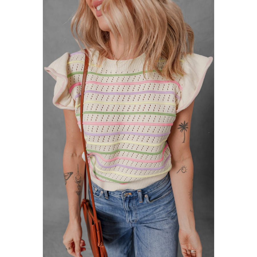 Striped Eyelet Ruffled Sleeve Sweater Sweater Vest Apparel and Accessories