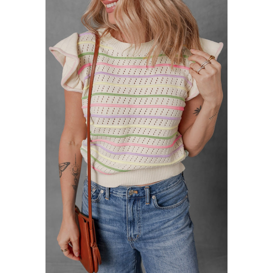 Striped Eyelet Ruffled Sleeve Sweater Sweater Vest Apparel and Accessories