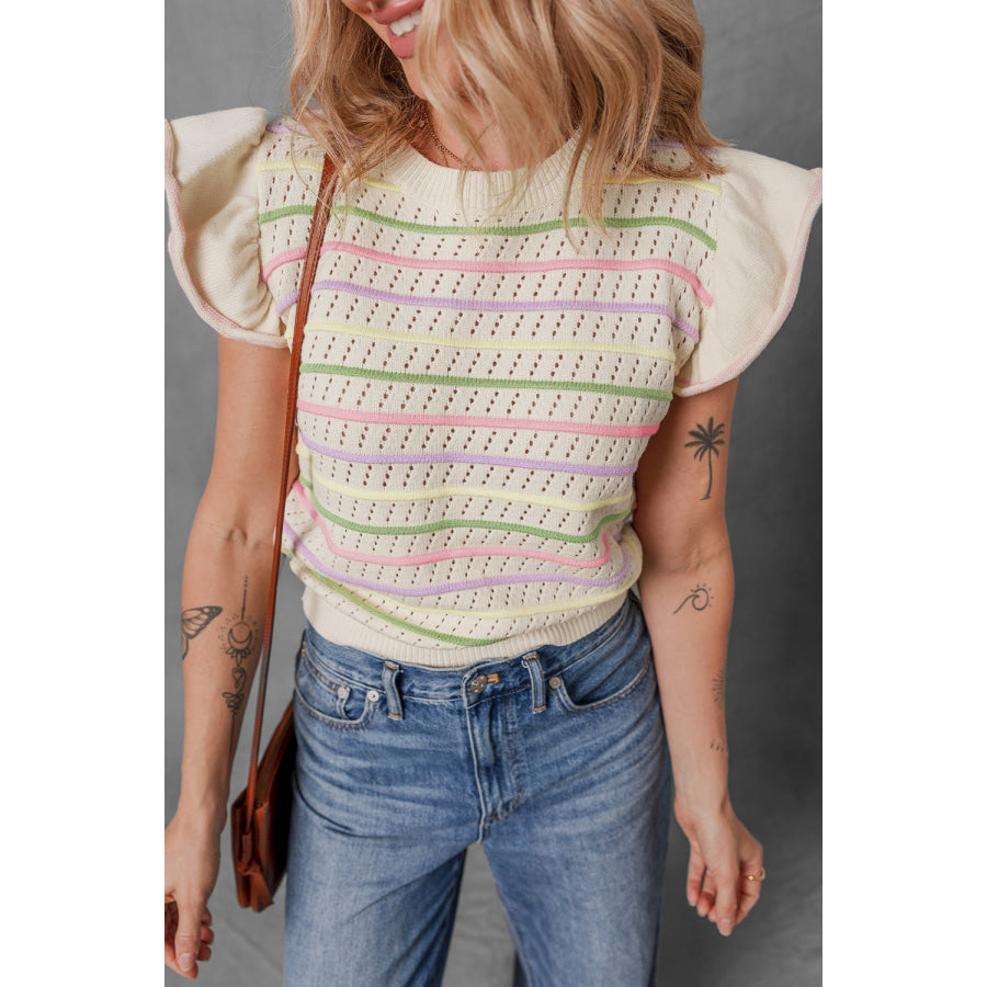 Striped Eyelet Ruffled Sleeve Sweater Sweater Vest Stripe / S Apparel and Accessories