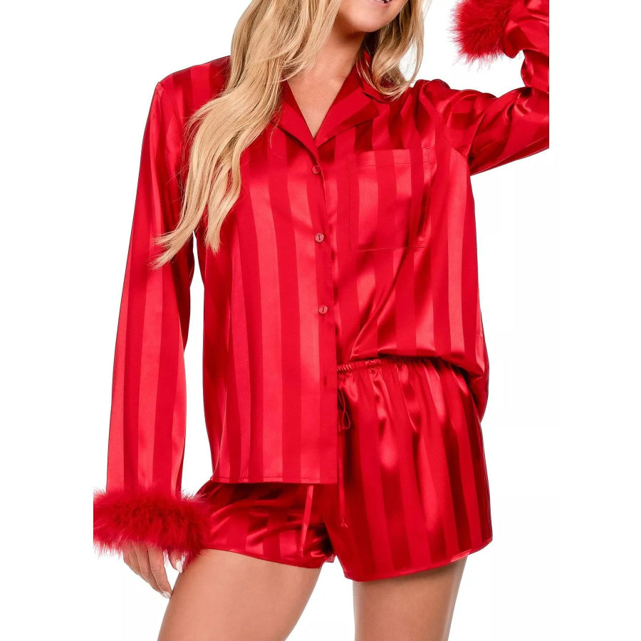 Striped Feather Trim Shirt and Shorts Lounge Set Apparel and Accessories