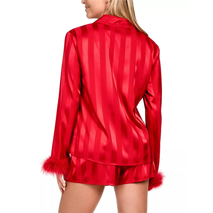 Striped Feather Trim Shirt and Shorts Lounge Set Apparel and Accessories