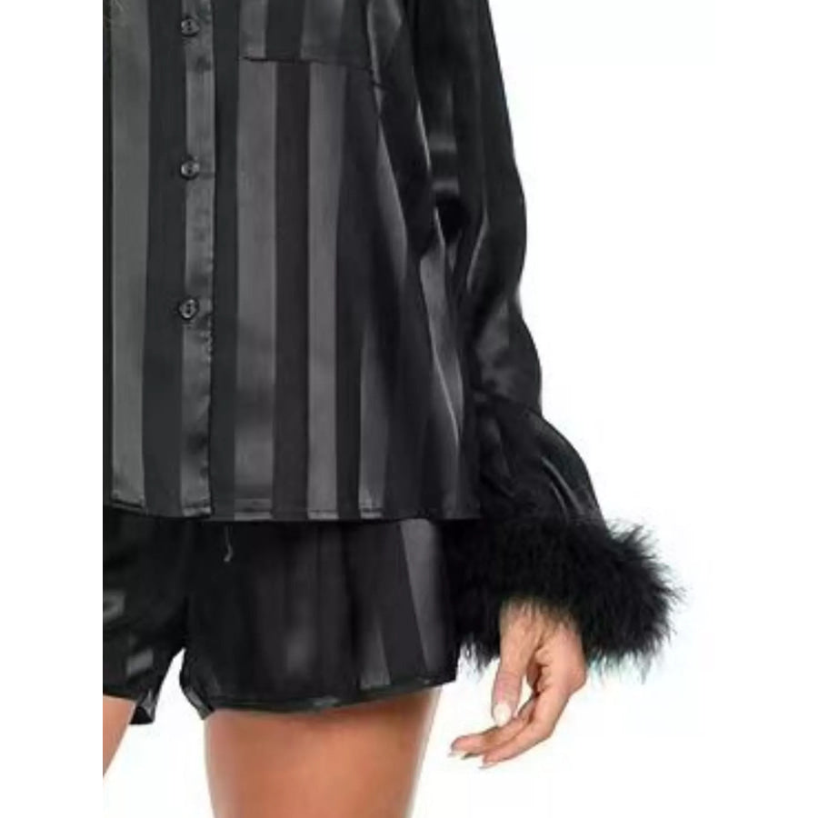 Striped Feather Trim Shirt and Shorts Lounge Set Apparel and Accessories