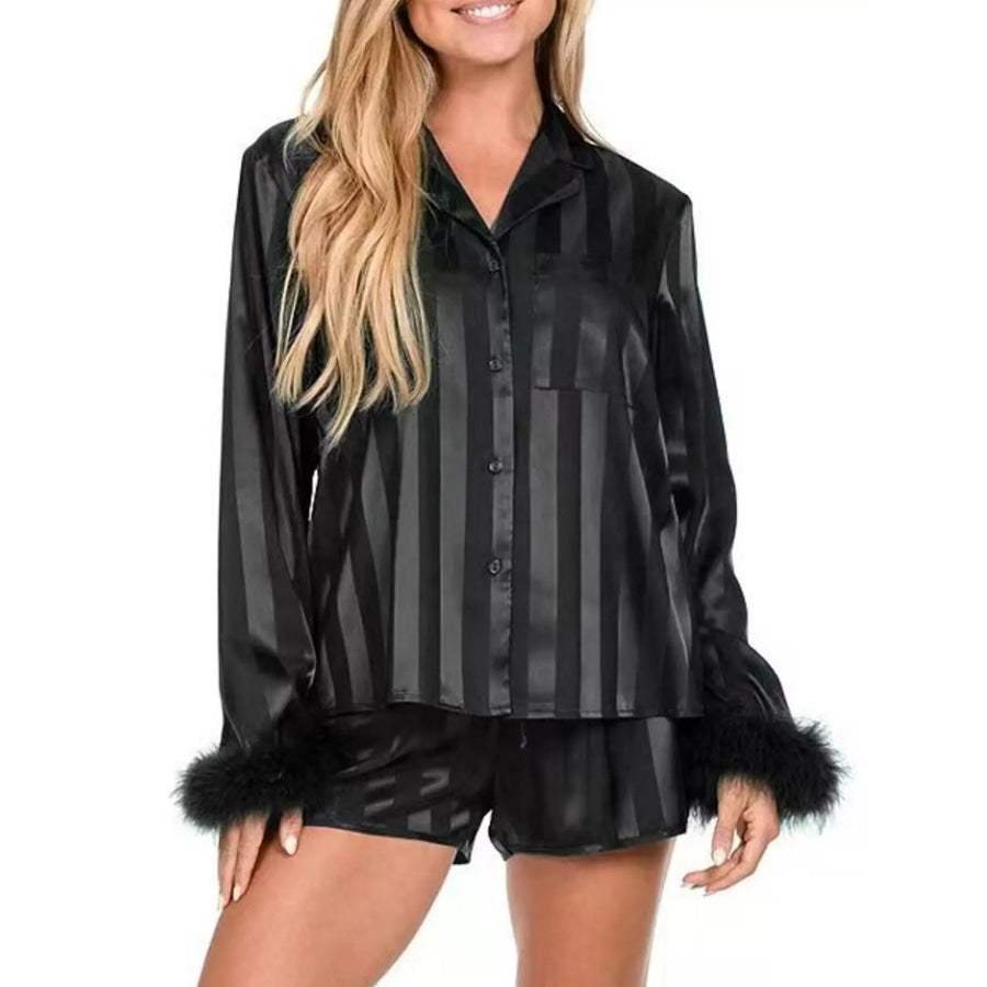 Striped Feather Trim Shirt and Shorts Lounge Set Black / S Apparel and Accessories