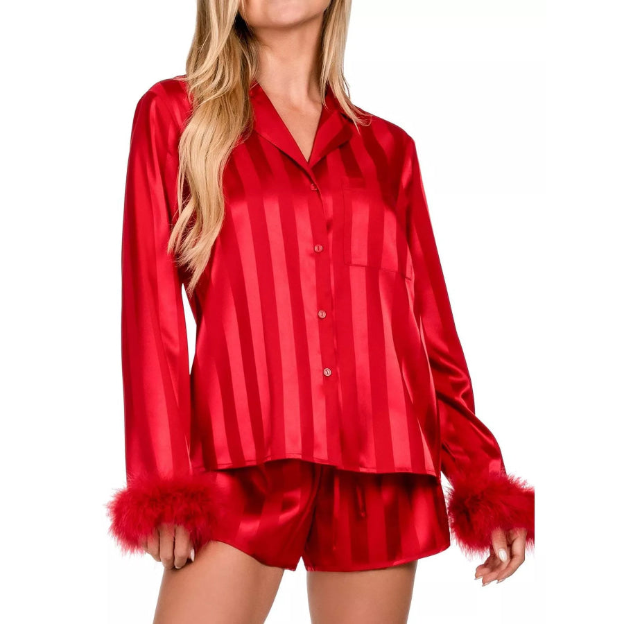 Striped Feather Trim Shirt and Shorts Lounge Set Red / S Apparel and Accessories