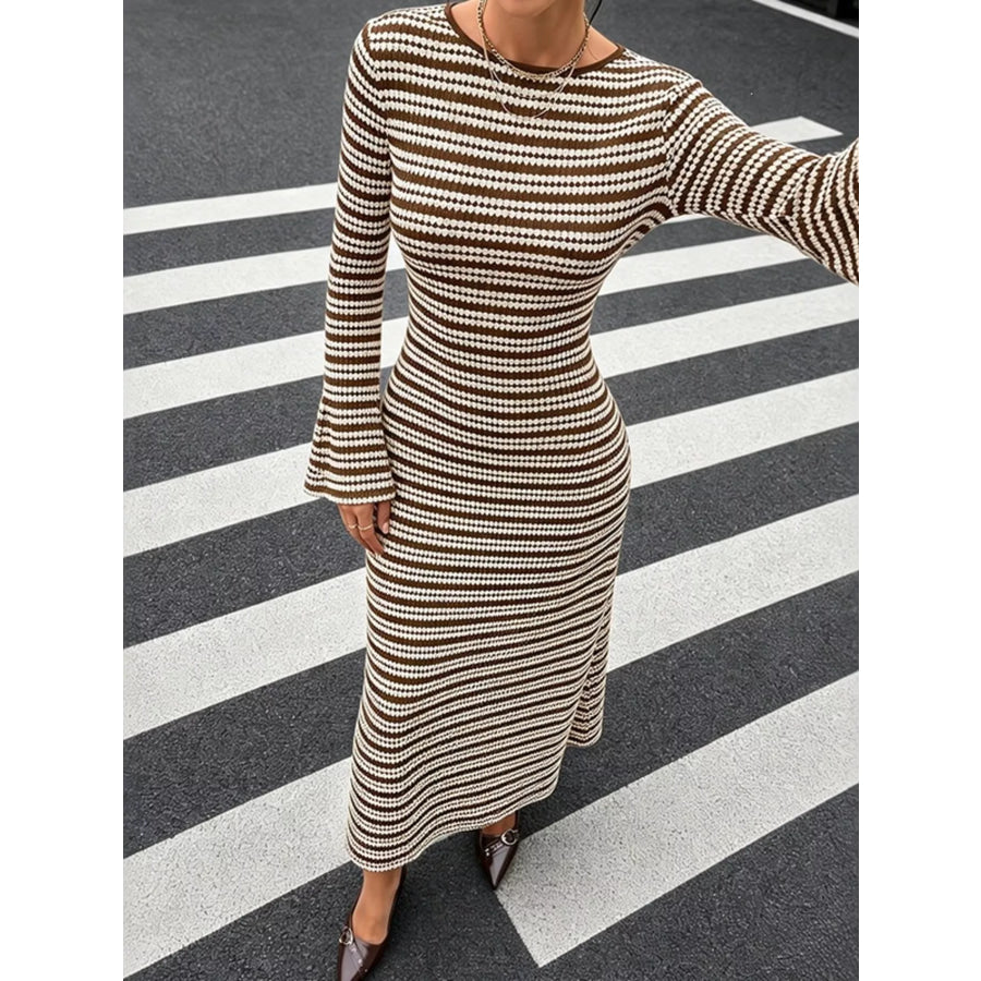 Striped Flare Sleeve Ribbed Knit Dress Apparel and Accessories