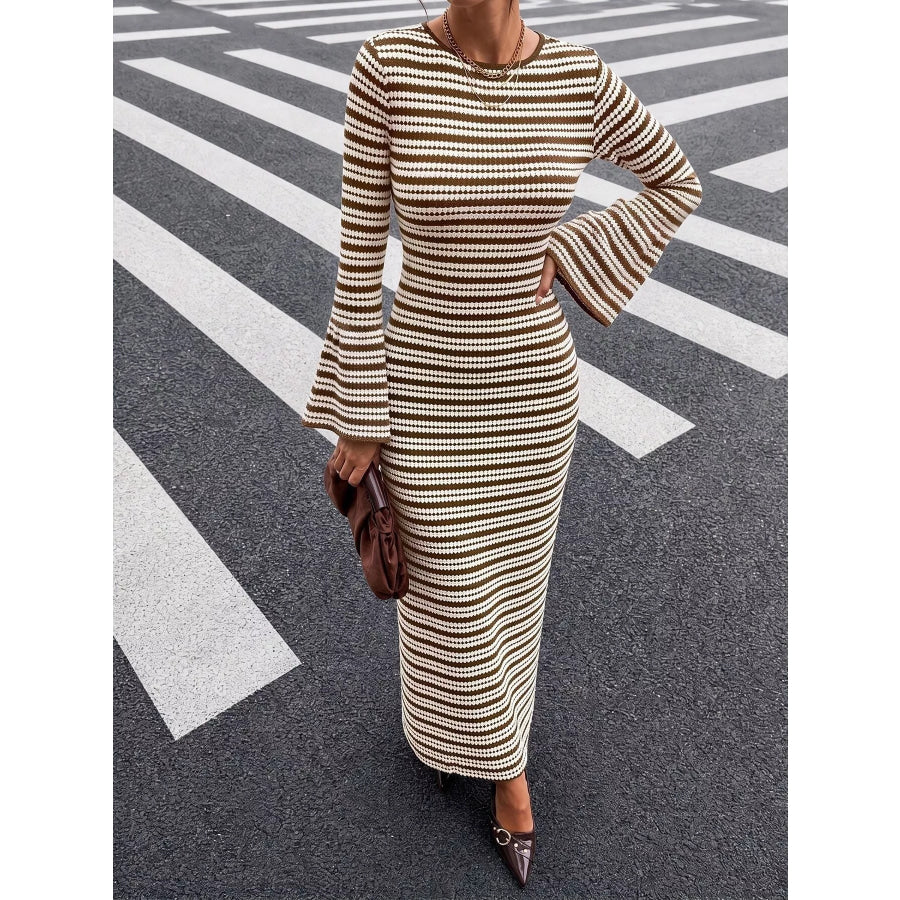 Striped Flare Sleeve Ribbed Knit Dress Apparel and Accessories