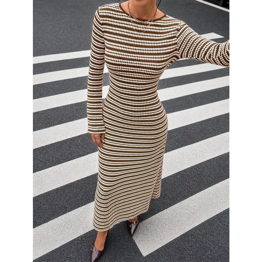 Striped Flare Sleeve Ribbed Knit Dress Apparel and Accessories