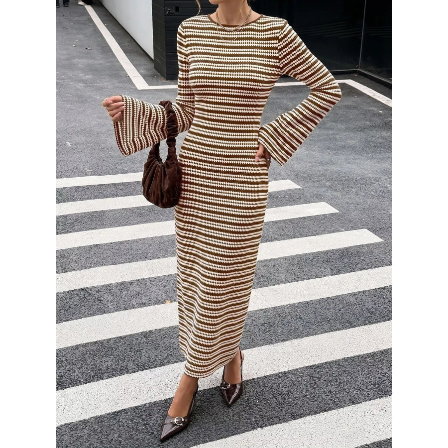 Striped Flare Sleeve Ribbed Knit Dress Brown / S Apparel and Accessories