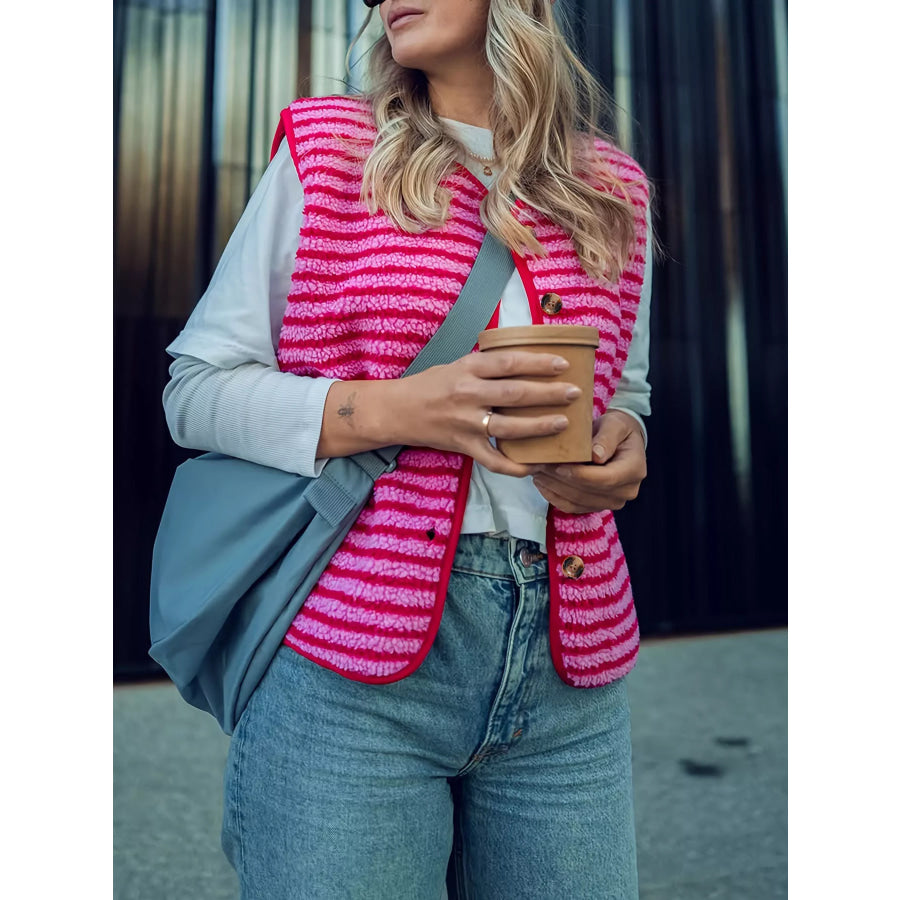 Striped Fleece Button-Up Vest Coat Apparel and Accessories